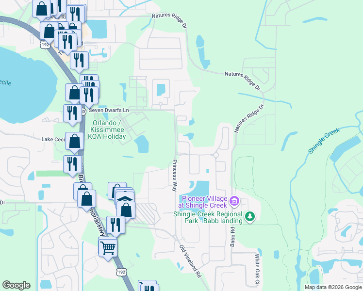 map of restaurants, bars, coffee shops, grocery stores, and more near 2618 Santosh Cove in Kissimmee