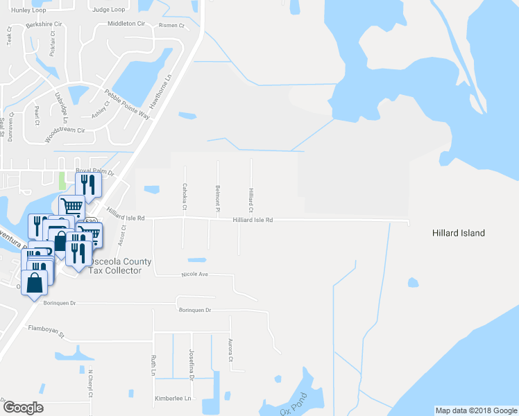 map of restaurants, bars, coffee shops, grocery stores, and more near 2625 Hilliard Court in Kissimmee