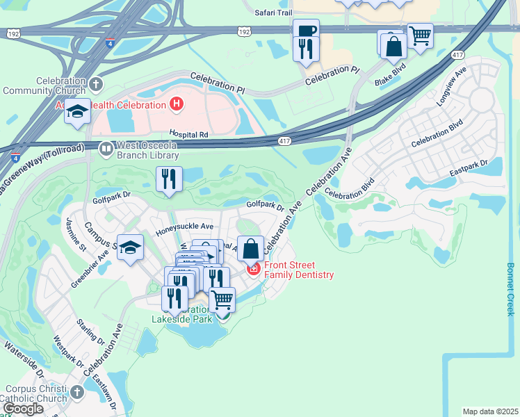 map of restaurants, bars, coffee shops, grocery stores, and more near 512 Golfpark Drive in Kissimmee