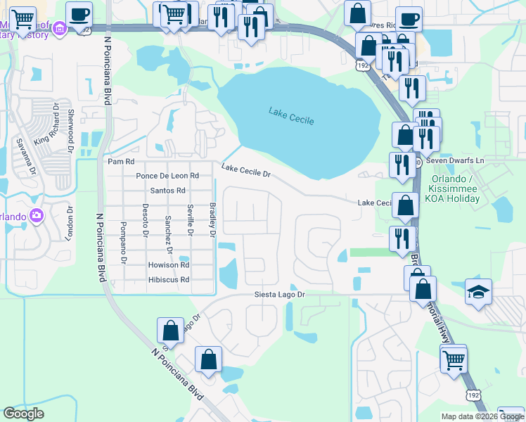 map of restaurants, bars, coffee shops, grocery stores, and more near 2616 Brittany Lane in Kissimmee