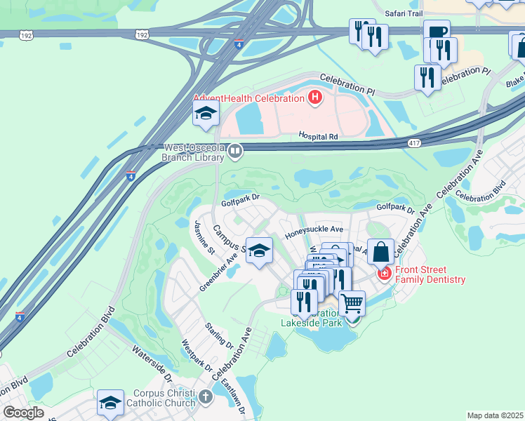map of restaurants, bars, coffee shops, grocery stores, and more near 407 Iris Street in Kissimmee
