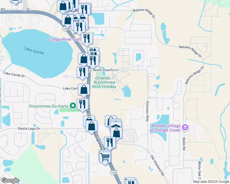 map of restaurants, bars, coffee shops, grocery stores, and more near Yellolwgold Road in Kissimmee