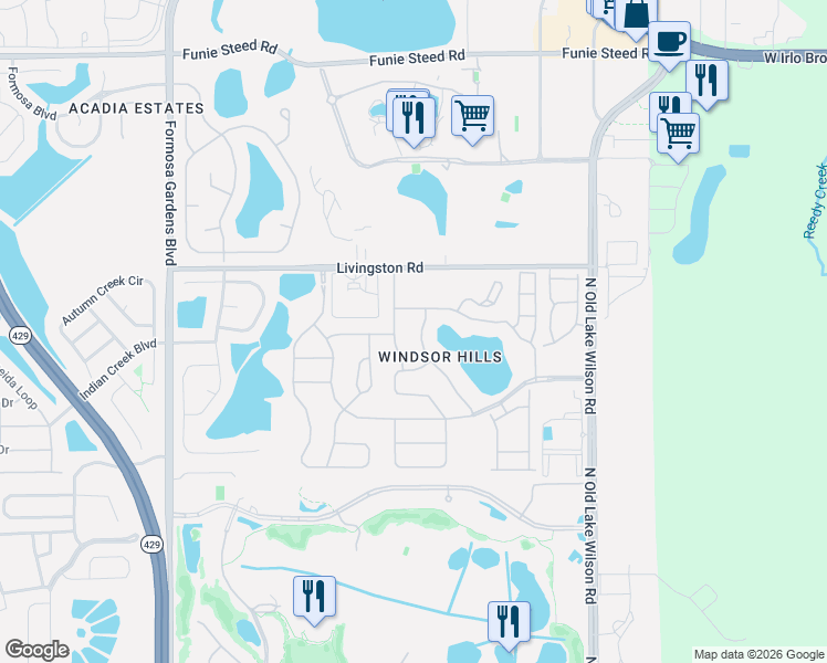 map of restaurants, bars, coffee shops, grocery stores, and more near 2647 Daulby Street in Kissimmee