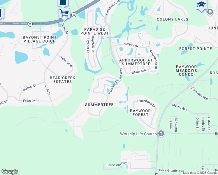 map of restaurants, bars, coffee shops, grocery stores, and more near 11416 Paradise Pointe Way in New Port Richey