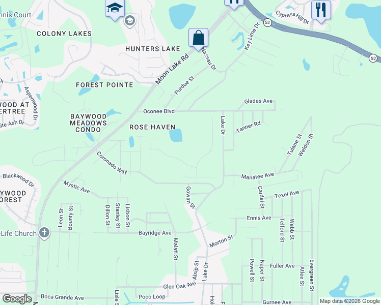 map of restaurants, bars, coffee shops, grocery stores, and more near 12304 Rose Haven Boulevard in New Port Richey