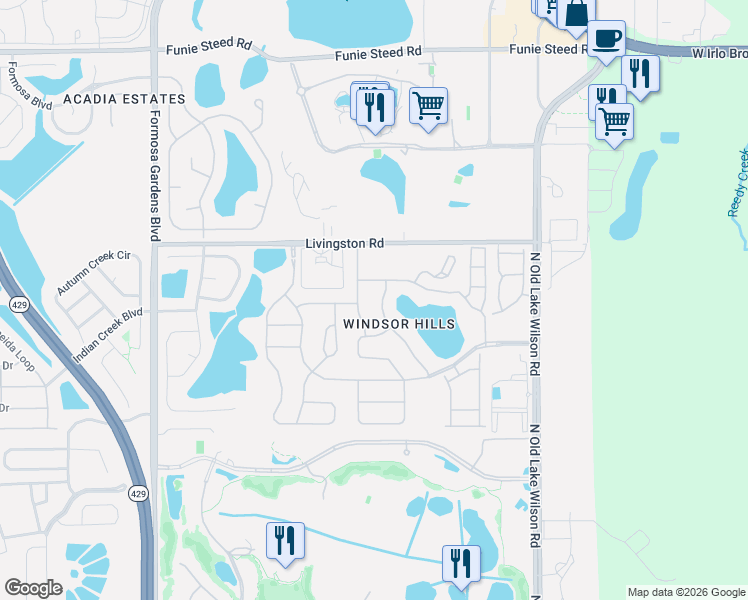 map of restaurants, bars, coffee shops, grocery stores, and more near 2647 Daulby Street in Kissimmee