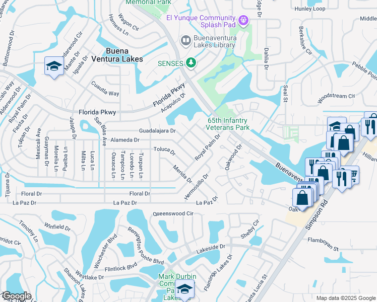 map of restaurants, bars, coffee shops, grocery stores, and more near 165 Alameda Drive in Kissimmee