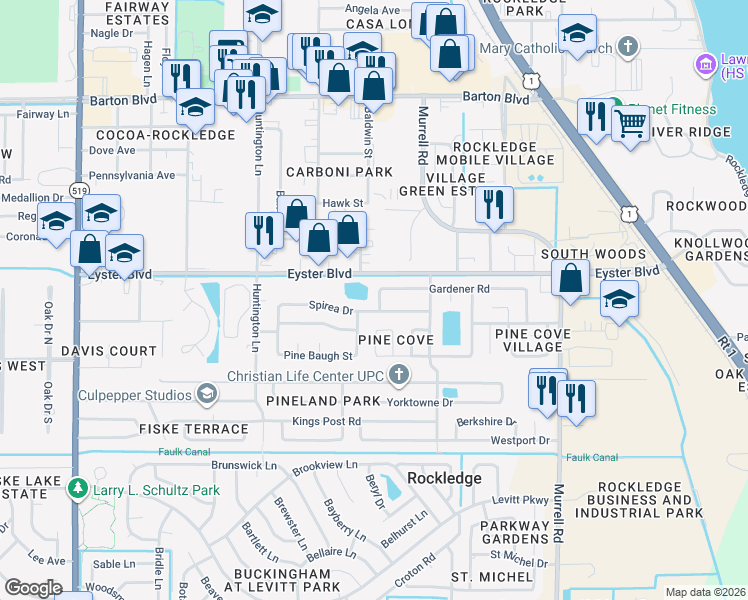 map of restaurants, bars, coffee shops, grocery stores, and more near 866 Gardener Road in Rockledge