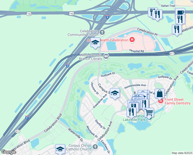 map of restaurants, bars, coffee shops, grocery stores, and more near 901 Jasmine Street in Kissimmee
