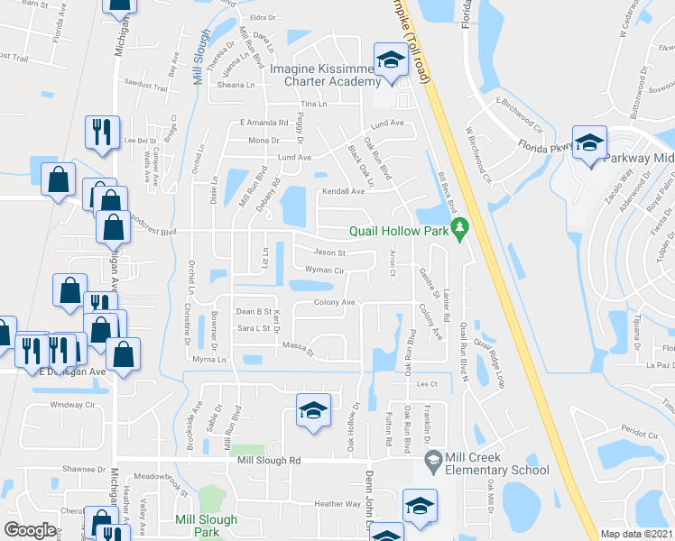 map of restaurants, bars, coffee shops, grocery stores, and more near 1537 Wyman Circle in Kissimmee