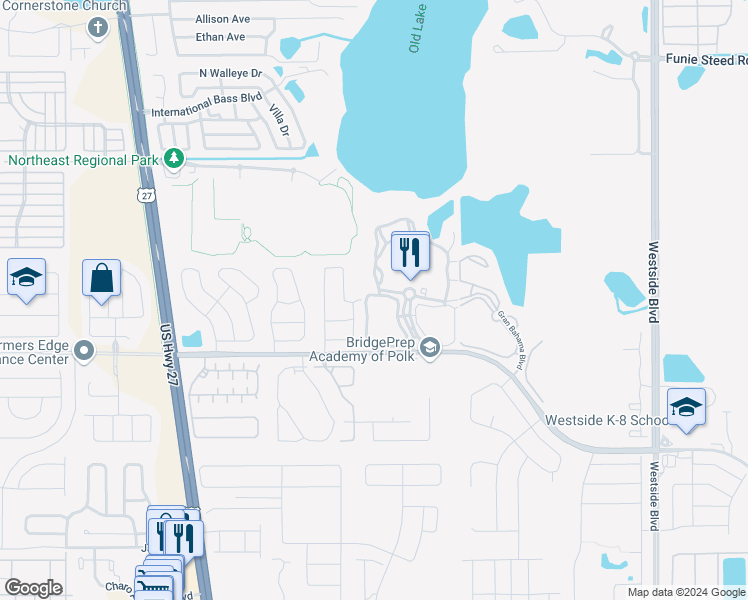 map of restaurants, bars, coffee shops, grocery stores, and more near 305 Lucaya Loop in Davenport