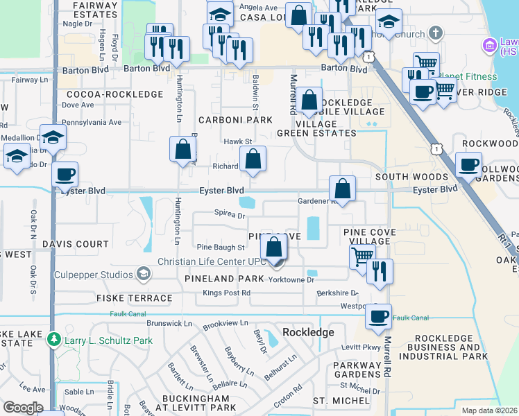 map of restaurants, bars, coffee shops, grocery stores, and more near 866 Gardener Road in Rockledge
