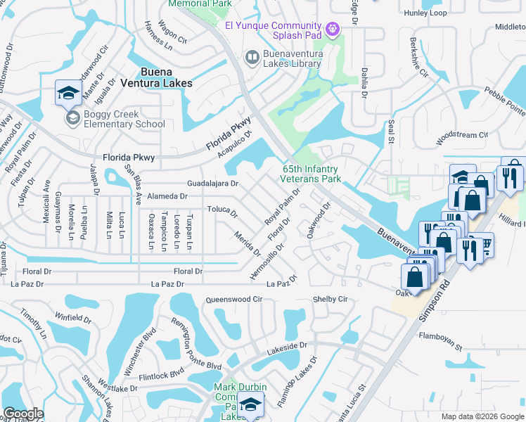 map of restaurants, bars, coffee shops, grocery stores, and more near 165 Alameda Drive in Kissimmee