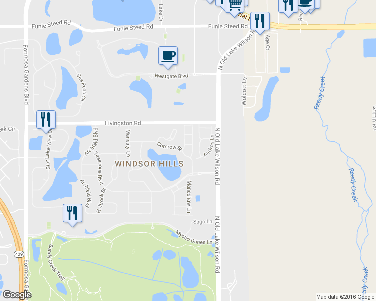 map of restaurants, bars, coffee shops, grocery stores, and more near 7660 Comrow Street in Kissimmee