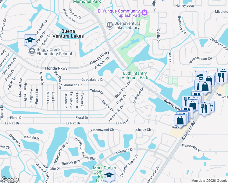 map of restaurants, bars, coffee shops, grocery stores, and more near 165 Alameda Drive in Kissimmee