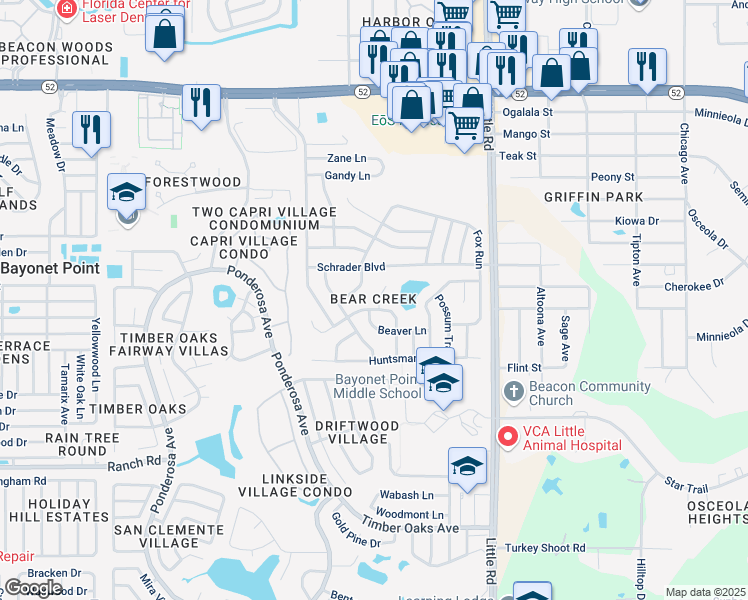 map of restaurants, bars, coffee shops, grocery stores, and more near 11308 Pond Court in Port Richey