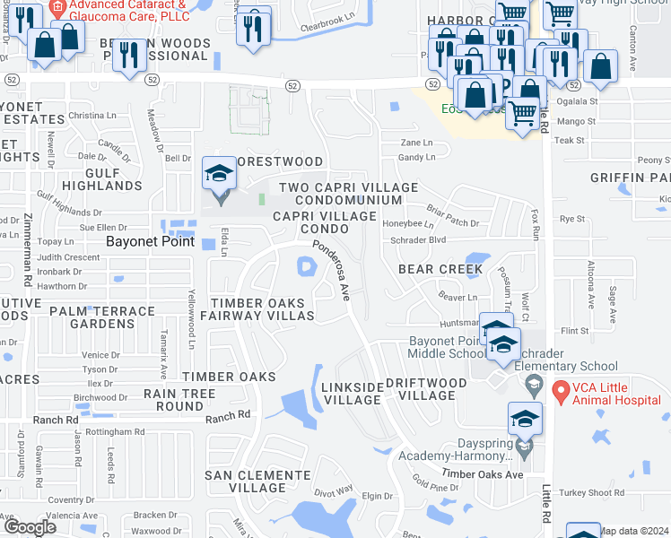 map of restaurants, bars, coffee shops, grocery stores, and more near 11420 Dollar Lake Drive in Port Richey