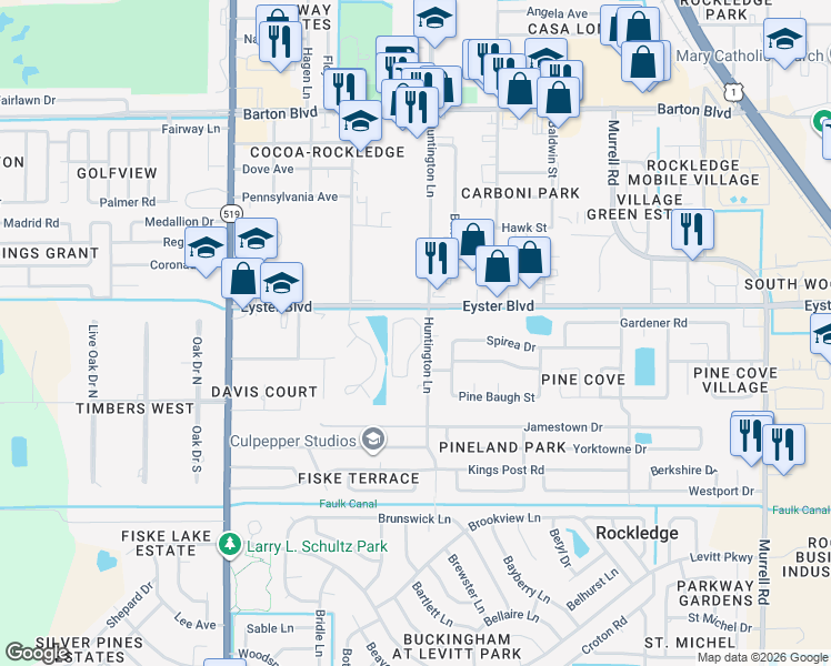 map of restaurants, bars, coffee shops, grocery stores, and more near 1021 Cascade Circle in Rockledge