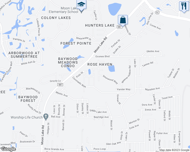 map of restaurants, bars, coffee shops, grocery stores, and more near 11410 Rimrock Street in New Port Richey
