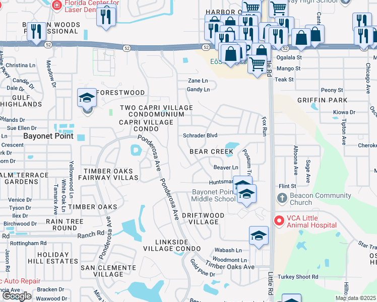 map of restaurants, bars, coffee shops, grocery stores, and more near 8602 Vixin Lane in Port Richey