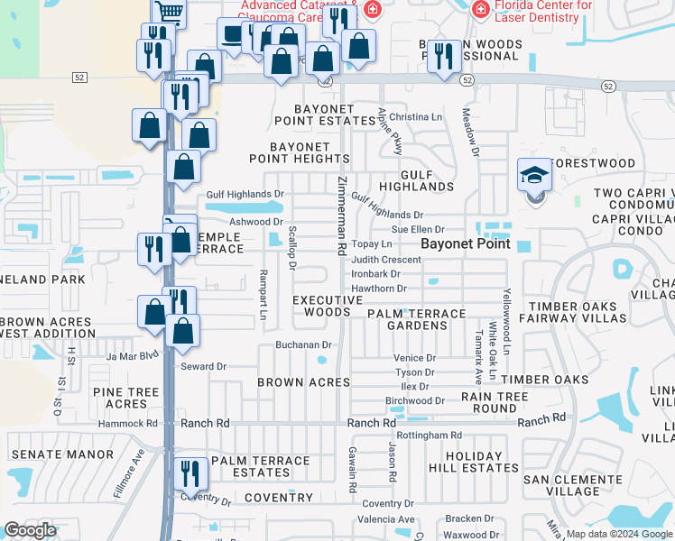 map of restaurants, bars, coffee shops, grocery stores, and more near 11421 Zimmerman Road in Port Richey