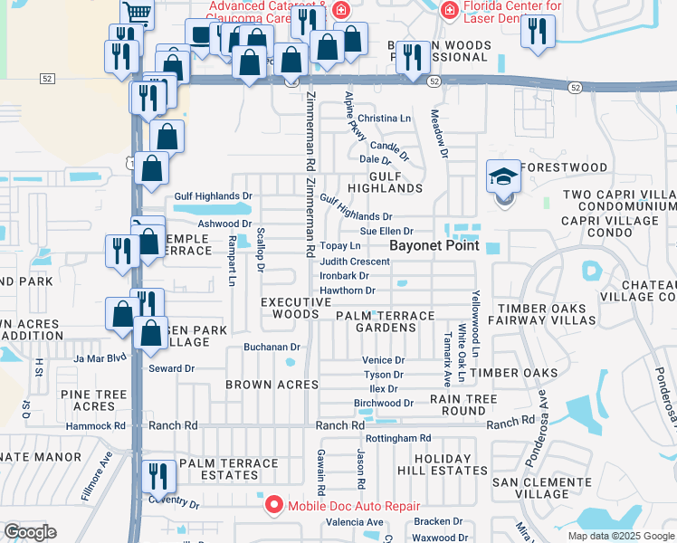map of restaurants, bars, coffee shops, grocery stores, and more near 7531 Ironbark Drive in Port Richey