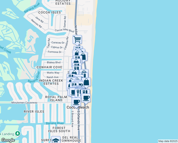 map of restaurants, bars, coffee shops, grocery stores, and more near 225 North Atlantic Avenue in Cocoa Beach