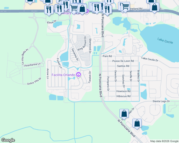 map of restaurants, bars, coffee shops, grocery stores, and more near 218-229 London Drive in Kissimmee