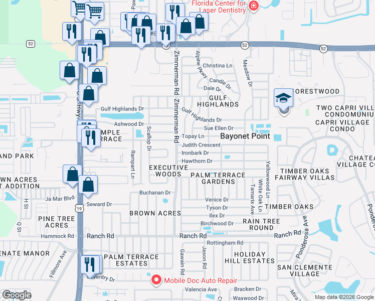 map of restaurants, bars, coffee shops, grocery stores, and more near 7510 Ironbark Drive in Port Richey