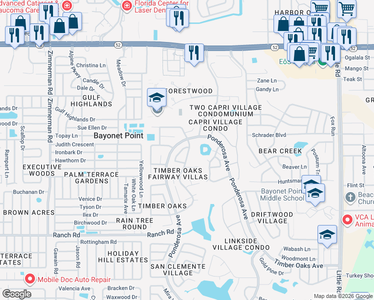 map of restaurants, bars, coffee shops, grocery stores, and more near 8150 Braddock Circle in Port Richey