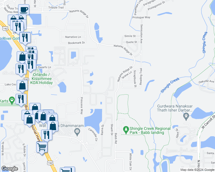 map of restaurants, bars, coffee shops, grocery stores, and more near 2608 Tranquility Way in Kissimmee