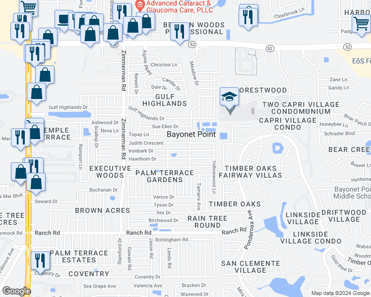 map of restaurants, bars, coffee shops, grocery stores, and more near 7811 Ironbark Drive in Port Richey