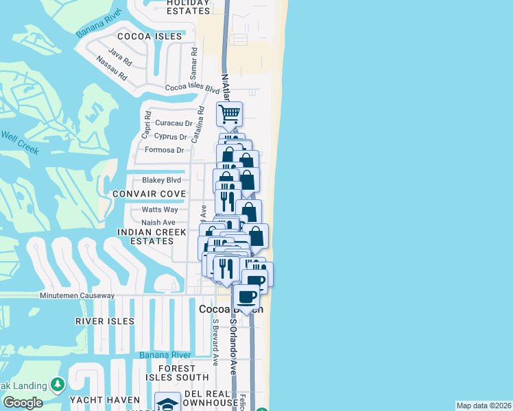 map of restaurants, bars, coffee shops, grocery stores, and more near 225 North Atlantic Avenue in Cocoa Beach