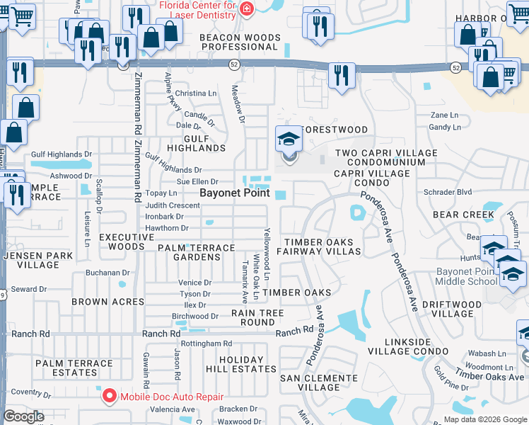 map of restaurants, bars, coffee shops, grocery stores, and more near 11410 Yellowwood Lane in Port Richey