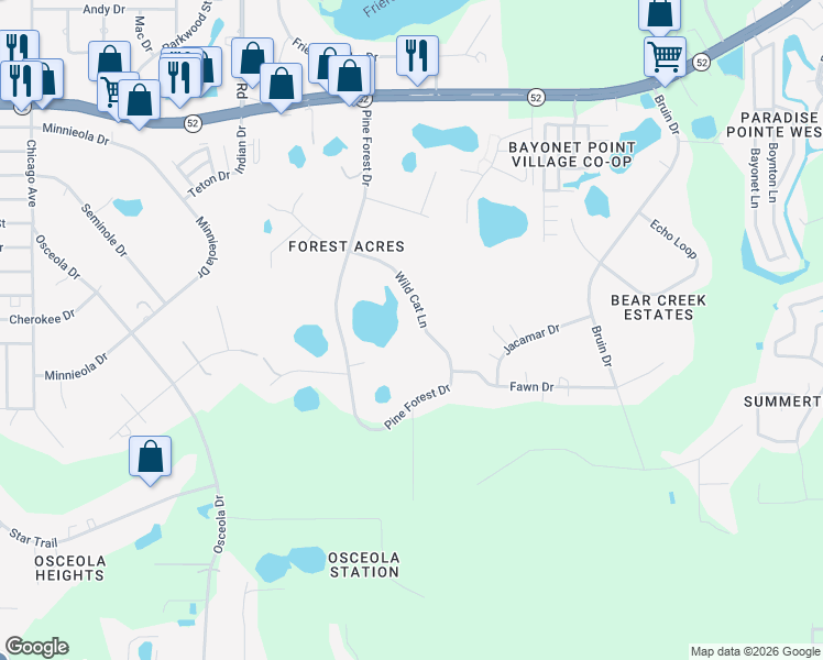 map of restaurants, bars, coffee shops, grocery stores, and more near 11435 Wild Cat Lane in New Port Richey