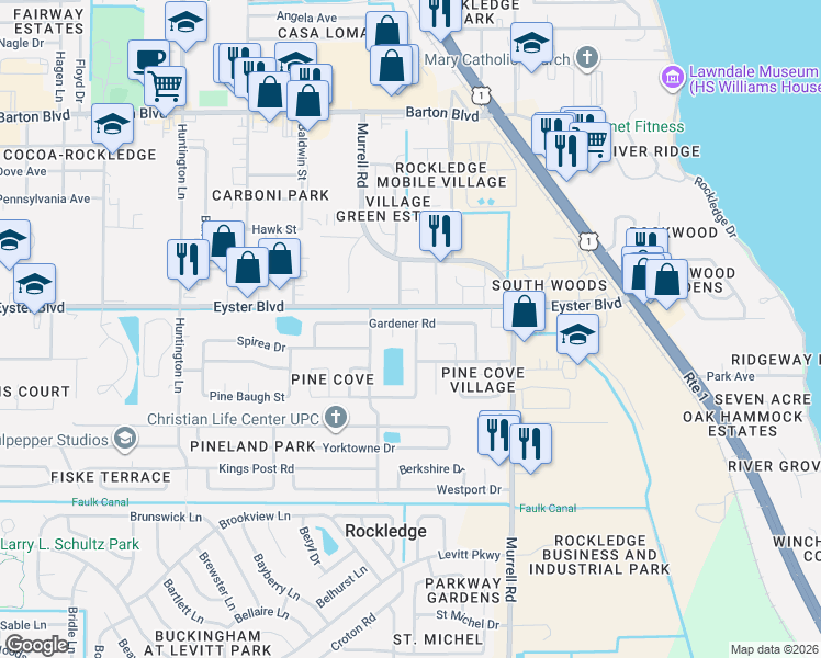 map of restaurants, bars, coffee shops, grocery stores, and more near 813 Pine Shadows Avenue in Rockledge