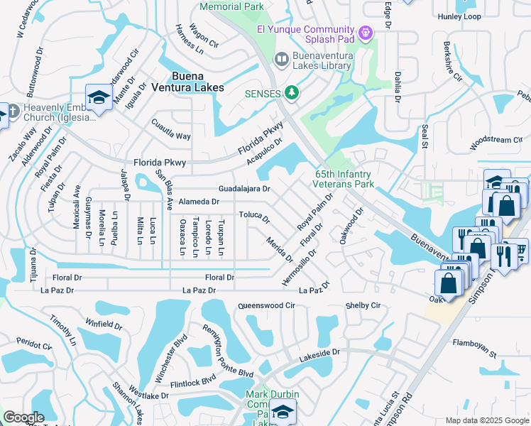 map of restaurants, bars, coffee shops, grocery stores, and more near 175 Toluca Drive in Kissimmee