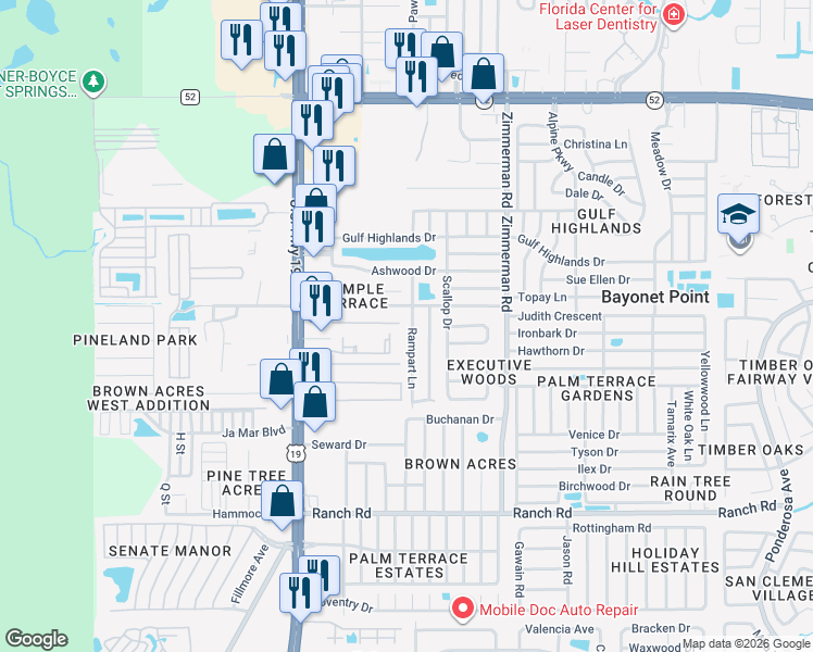 map of restaurants, bars, coffee shops, grocery stores, and more near 11409 Rampart Lane in Port Richey