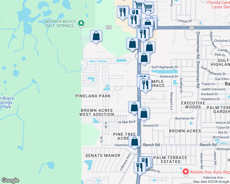 map of restaurants, bars, coffee shops, grocery stores, and more near 11420 Cockle Drive in Port Richey