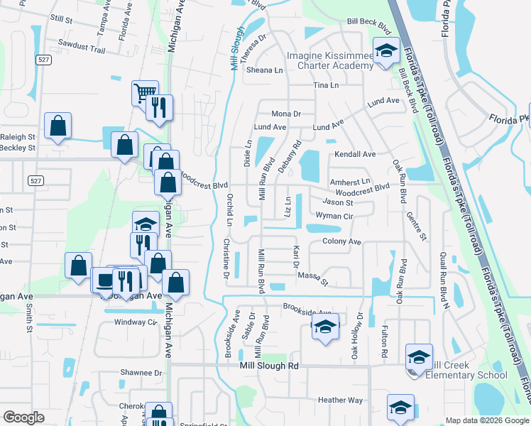 map of restaurants, bars, coffee shops, grocery stores, and more near 1424 Liz Lane in Kissimmee