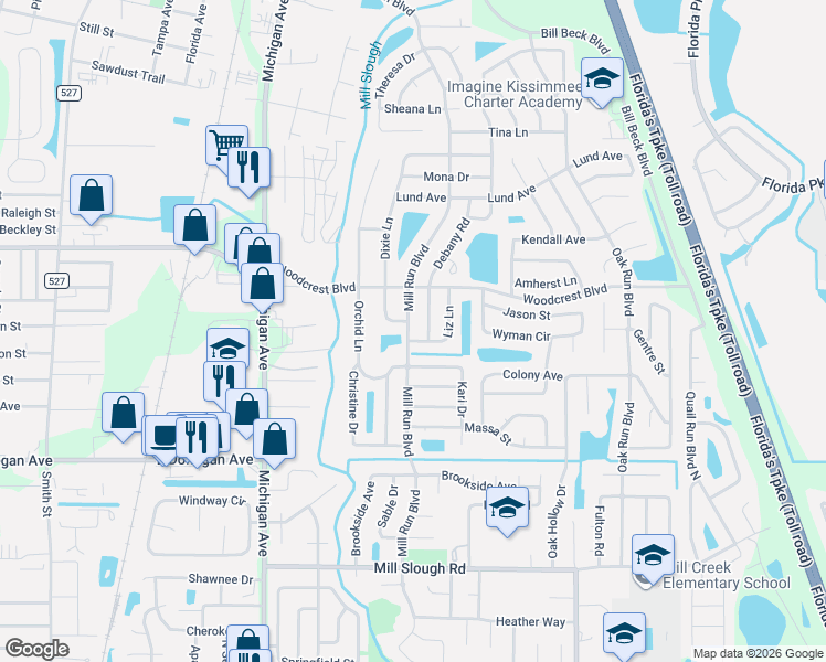 map of restaurants, bars, coffee shops, grocery stores, and more near 1424 Liz Lane in Kissimmee