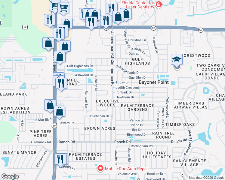 map of restaurants, bars, coffee shops, grocery stores, and more near 11361 Zimmerman Road in Port Richey