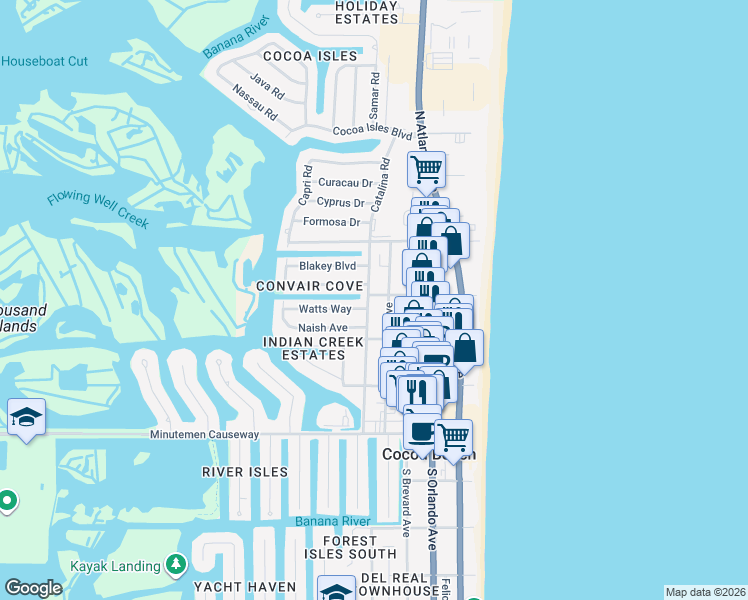 map of restaurants, bars, coffee shops, grocery stores, and more near 406 Watts Way in Cocoa Beach
