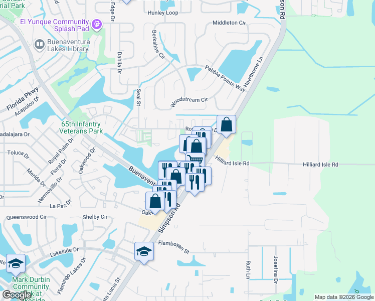 map of restaurants, bars, coffee shops, grocery stores, and more near 1046 Plaza Drive in Kissimmee