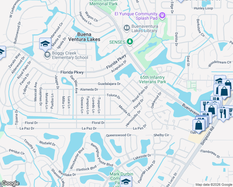 map of restaurants, bars, coffee shops, grocery stores, and more near 174 Toluca Drive in Kissimmee