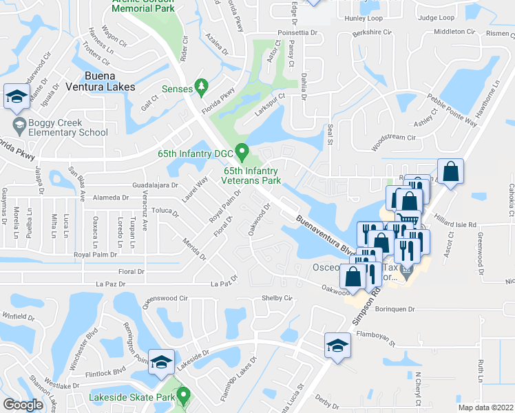 map of restaurants, bars, coffee shops, grocery stores, and more near 352 Cervantes Drive in Kissimmee
