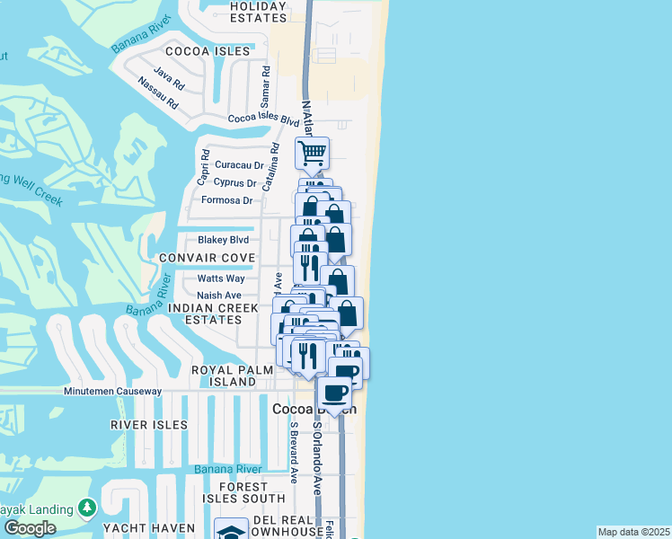 map of restaurants, bars, coffee shops, grocery stores, and more near 225 North Atlantic Avenue in Cocoa Beach