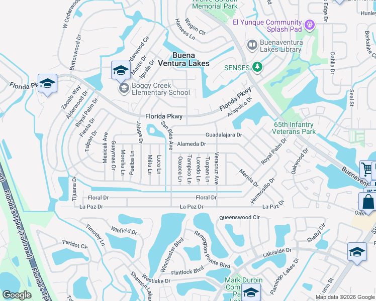 map of restaurants, bars, coffee shops, grocery stores, and more near 99 Oaxaca Lane in Kissimmee