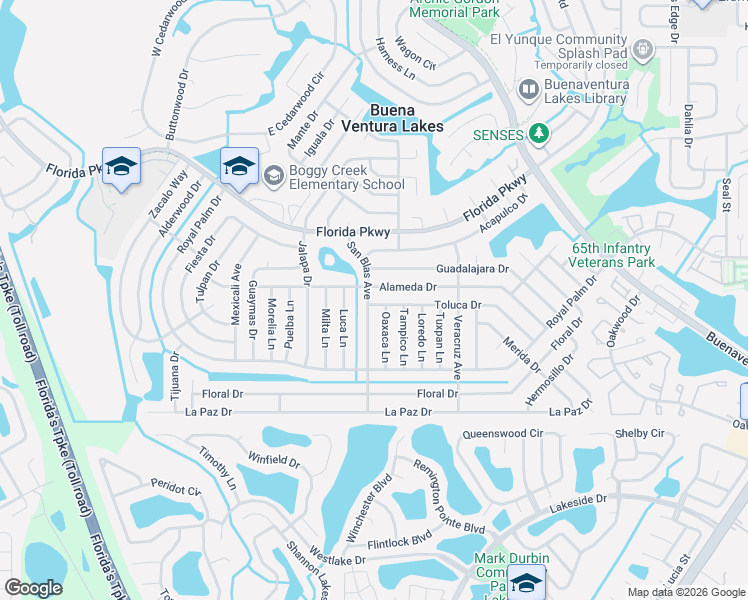 map of restaurants, bars, coffee shops, grocery stores, and more near 106 San Blas Avenue in Kissimmee