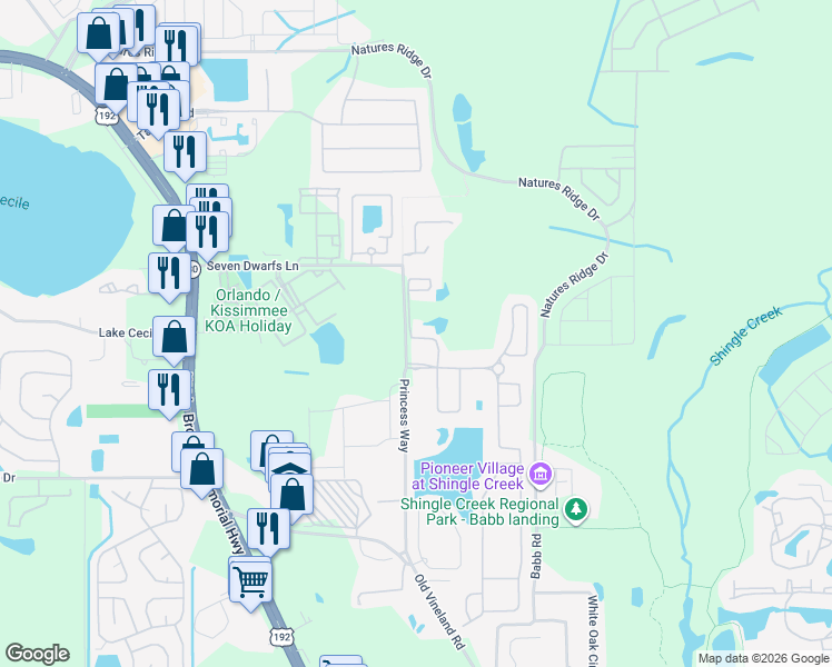 map of restaurants, bars, coffee shops, grocery stores, and more near 2618 Santosh Cove in Kissimmee